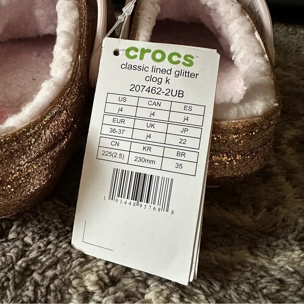 NWT Crocs Kids Classic Lined Clogs Rose Gold Glitter J4
